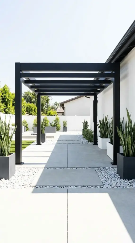 A modern minimalist backyard design featuring a sleek black metal pergola kit over a clean concrete patio.