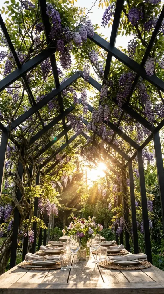 Modern black metal pergola draped in blooming wisteria vines defining an outdoor room with top-down privacy.