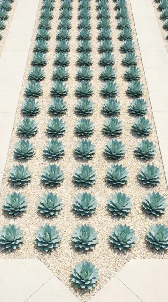 Symmetrical blue agave grid layout surrounded by light decorative gravel in a modern xeriscape front yard.