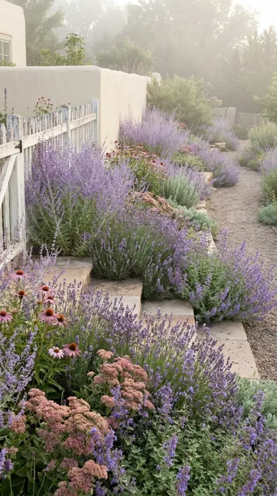 Low-water cottage garden border featuring layered purple Russian sage and lavender plants.
