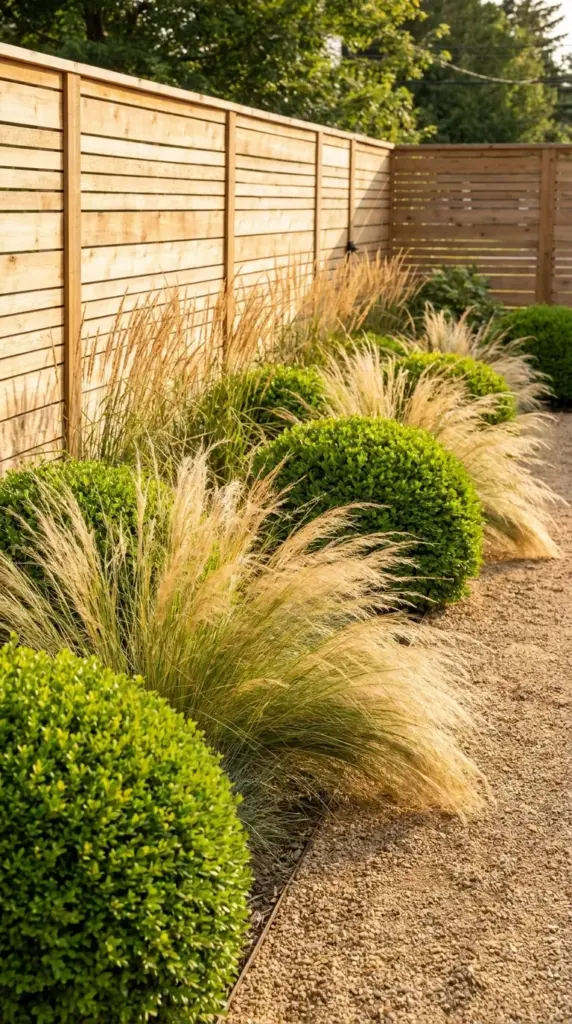 Modern garden landscaping combining structured boxwood hedges and flowing ornamental grasses along a fence.