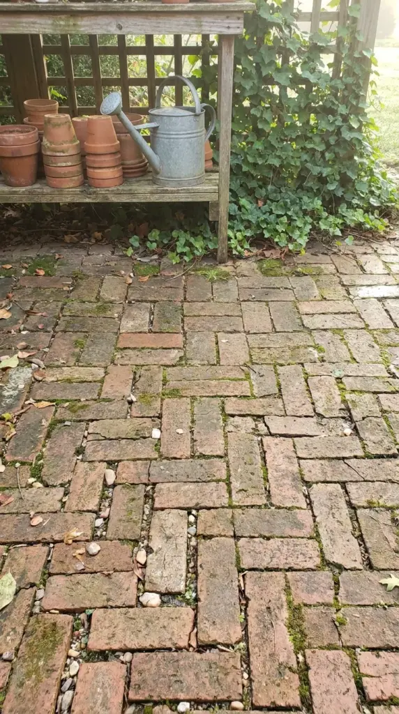 Classic basketweave paver pattern for a charming DIY cottage style brick patio.