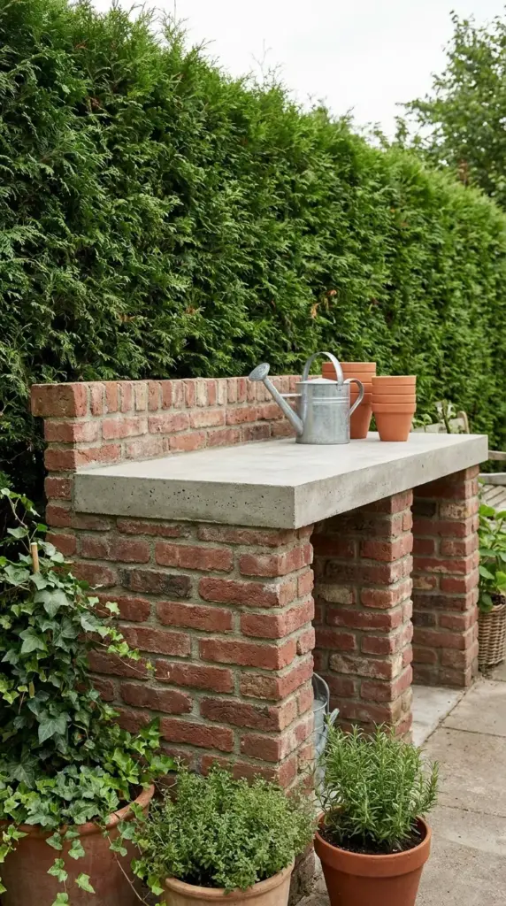 A permanent masonry outdoor prep station built with brick and concrete dedicated for garden potting and backyard entertaining.