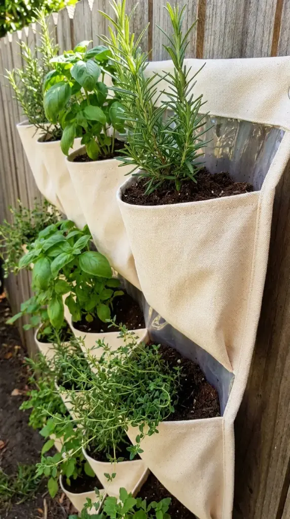 Vertical canvas pocket herb wall filled with fresh basil, rosemary, and thyme hanging outdoors on a boundary fence.