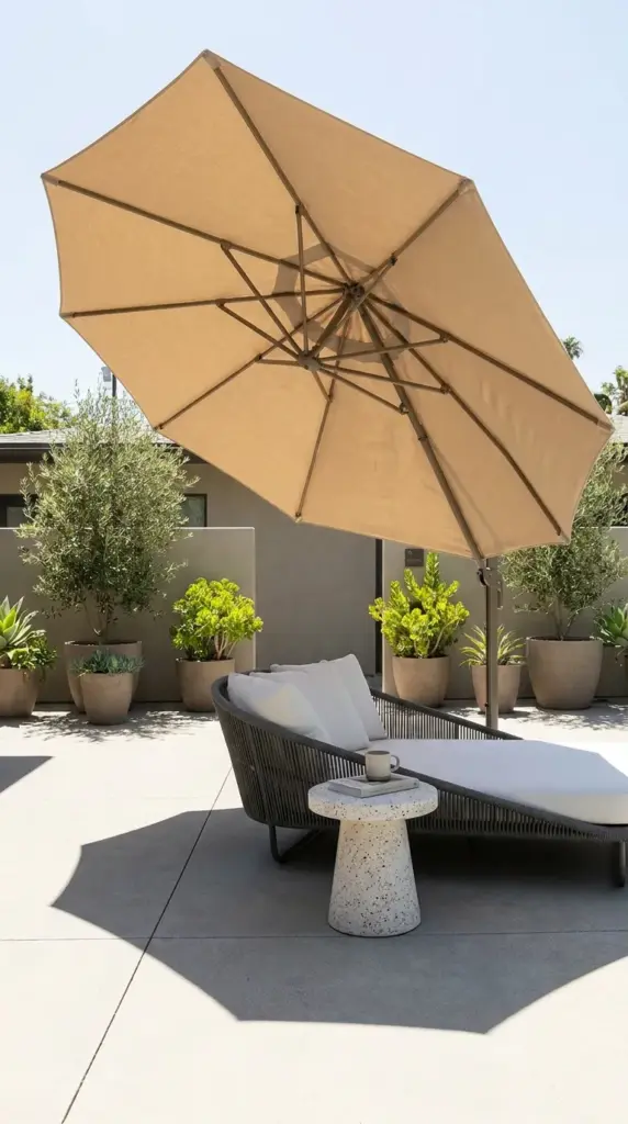 Large tilted cantilever umbrella shading a modern outdoor seating area to block neighbor sightlines.