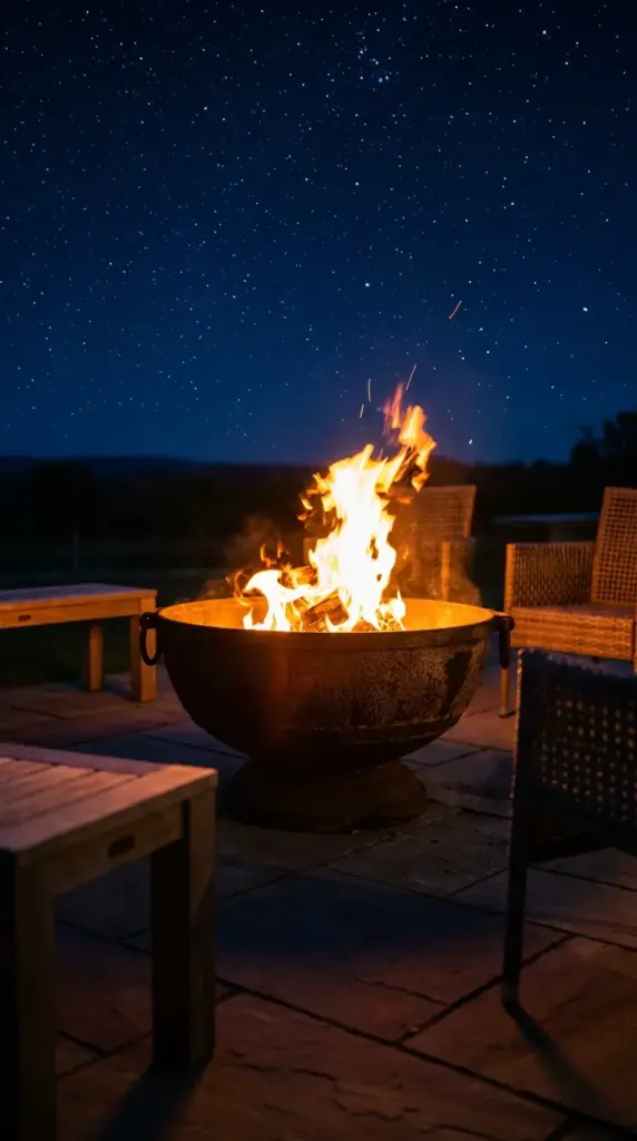 A heavy cast iron backyard fire pit surrounded by outdoor seating under an open starry sky.