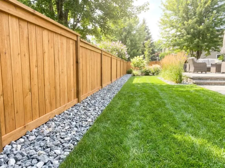 A beautiful wood privacy fence protected by a clean border of crushed landscaping rocks to prevent rot and trimmer damage.