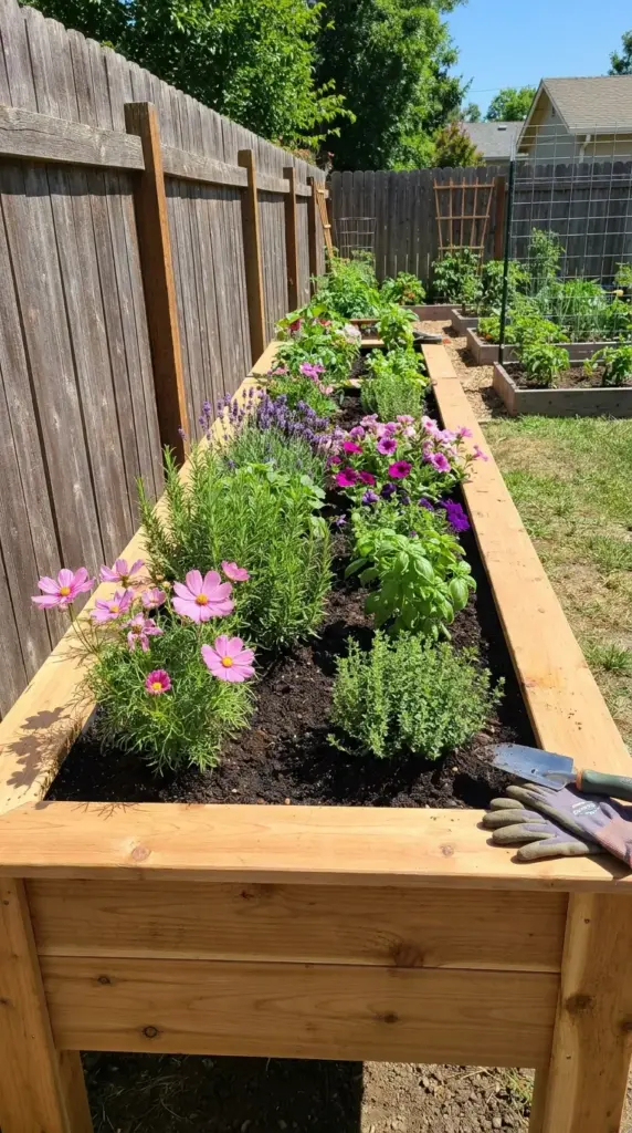 Cedar raised garden bed with colorful flowers built safely against a backyard privacy fence.