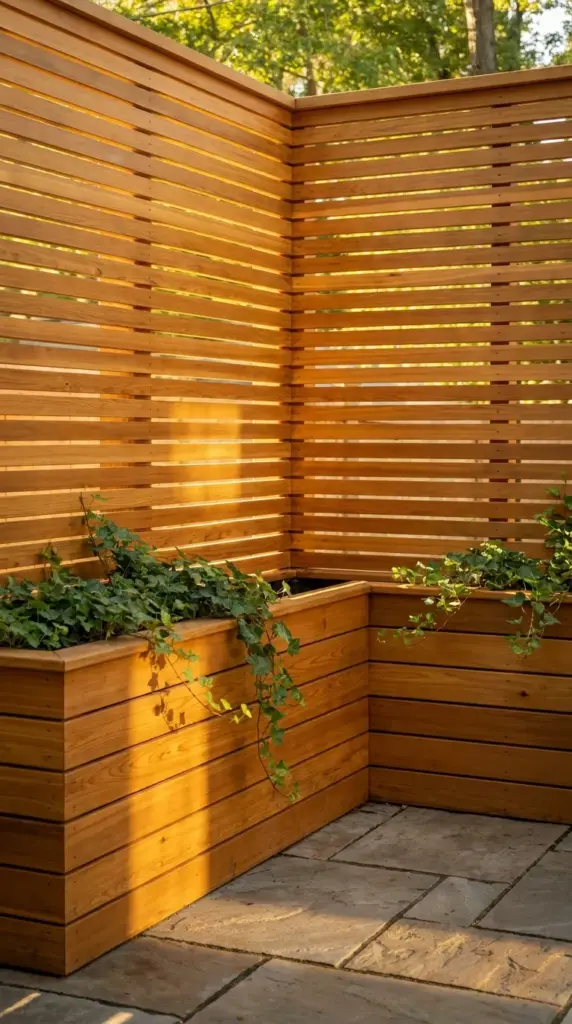 An L-shaped slatted wood privacy screen with built-in planter boxes creating a secluded and wind blocked corner in a backyard patio.