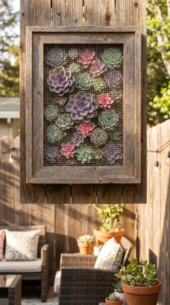 A living vertical picture frame filled with a dense mosaic of colorful Echeveria succulents hanging on an outdoor wall.