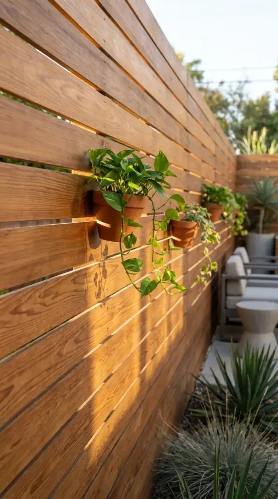 Modern horizontal slatted wood fence allowing natural light through while providing visual privacy for a patio remodel.