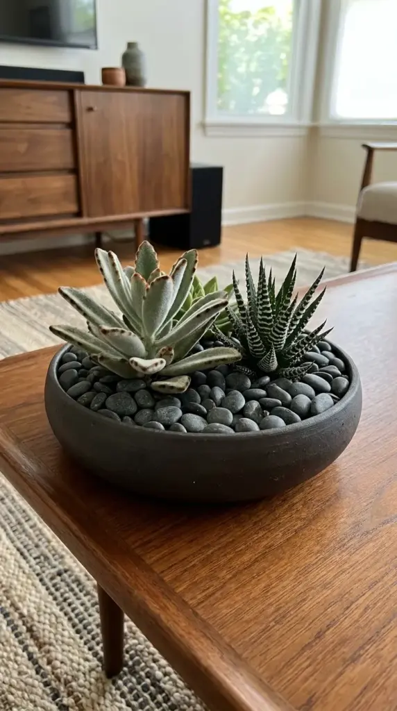 A close-up of a styled succulent arrangement finished with a premium dark akadama top dressing.