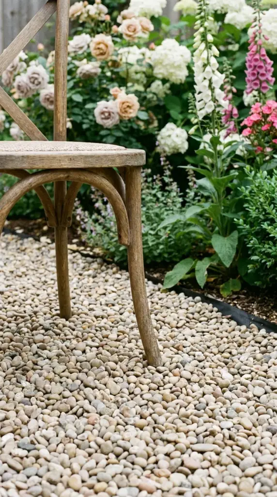 Close-up of smooth pea gravel used as a budget-friendly DIY patio flooring solution in a cottage garden.