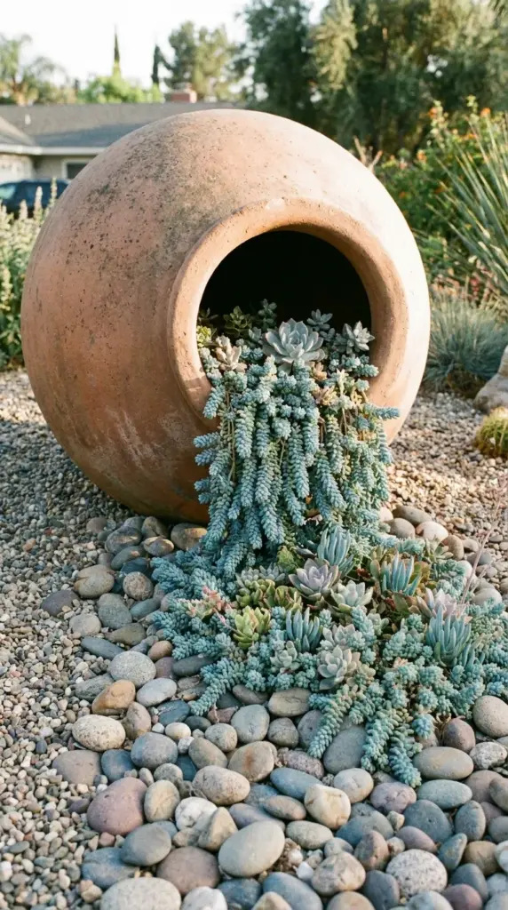 An oversized clay amphora jar tilted on its side with trailing succulents spilling out like a stream over smooth river rocks.