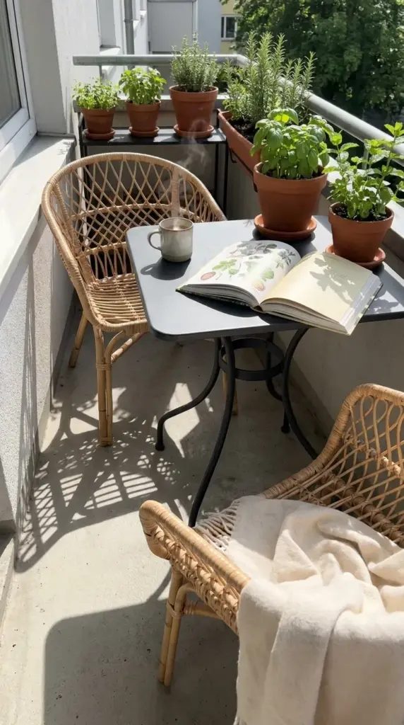 Slim-profile European bistro set for small patio seating layout.