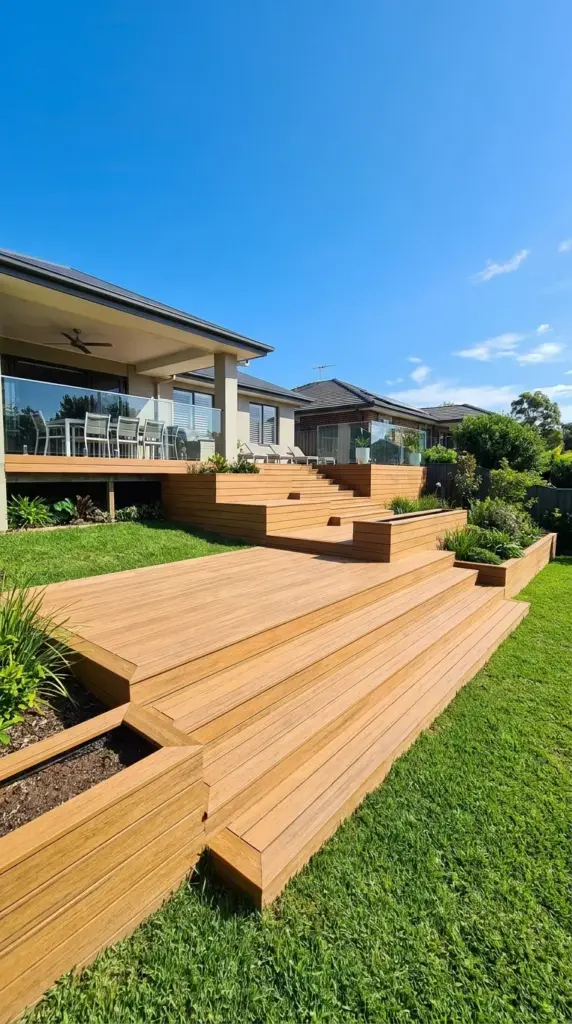 A tiered wraparound wooden deck stepping down a naturally sloped backyard to perfectly segment outdoor living spaces.