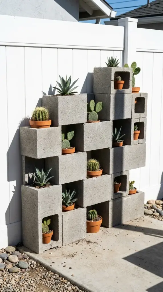 Staggered concrete cinder blocks used as geometric modular planters for small desert cacti and agaves against a white fence.
