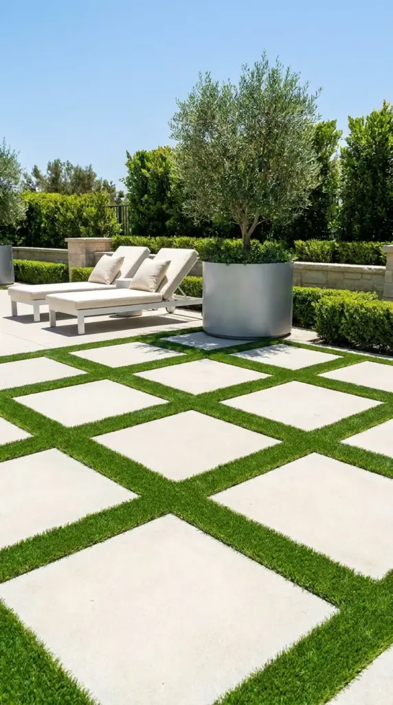 High end landscaping using turf between pavers for a beautiful green grid patio design.