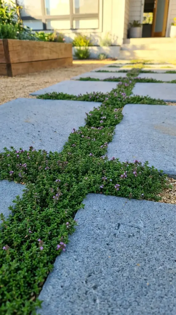 Large concrete pavers with creeping thyme groundcover growing in the joints for a low-water walkway.