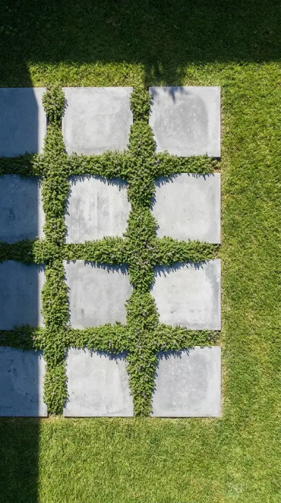 Modern oversized concrete pavers laid in a geometric grid with creeping thyme planted between the gaps for a structural patio floor.
