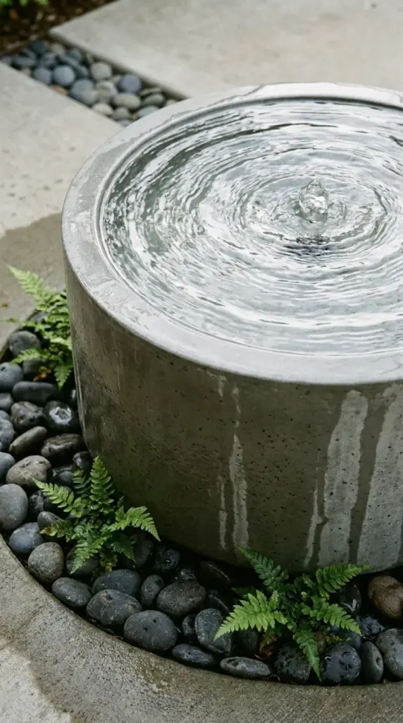 Modern concrete bubbling water feature masking neighborhood noise and adding zen decor to a patio setup.