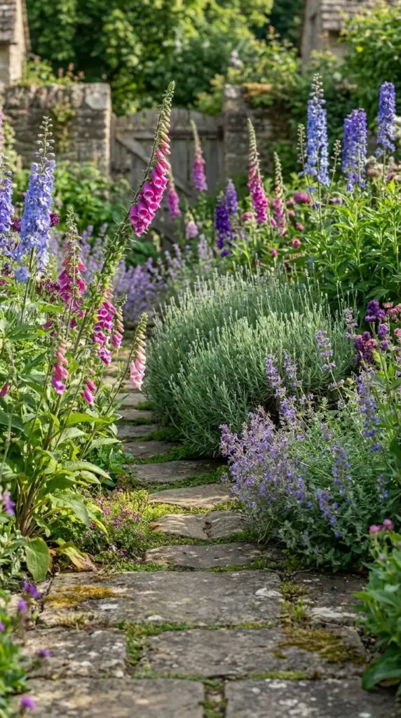 English cottage mini garden border with a winding stone path, tall foxgloves, and blooming lavender.