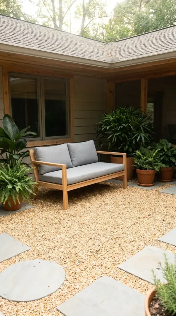 Low maintenance pea gravel patio with a wood bench in a shady front yard.
