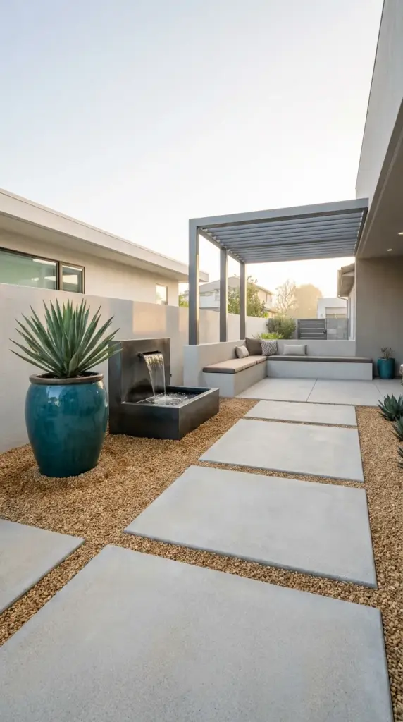 Modern front walkway featuring oversized concrete slabs and large glazed ceramic pottery for container planting in place of a grass lawn.