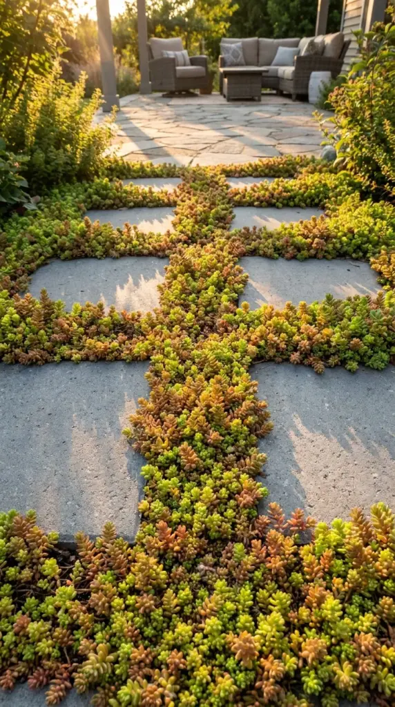 Colorful creeping sedum groundcover softening the harsh edges of a concrete garden pathway.
