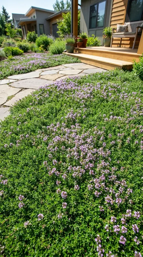 5 Unexpected Fixes for a DIY Drought Tolerant Landscape That Instantly Save Dead Curb Appeal 3 A vibrant carpet of blooming creeping thyme used as an evergreen groundcover lawn alternative.