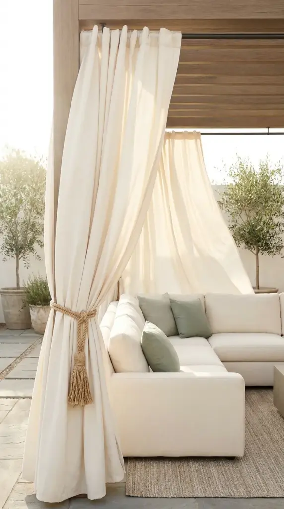 Breezy cream outdoor curtains hung from a pergola creating a soft enclosure for small patio design.