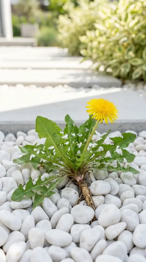 Why Woven Landscape Fabric is a Hidden Threat to an Established Drought Tolerant Landscape over Time (And What to Use Instead) 3 Stubborn yellow dandelion weed growing through decorative white gravel over a failed weed barrier.