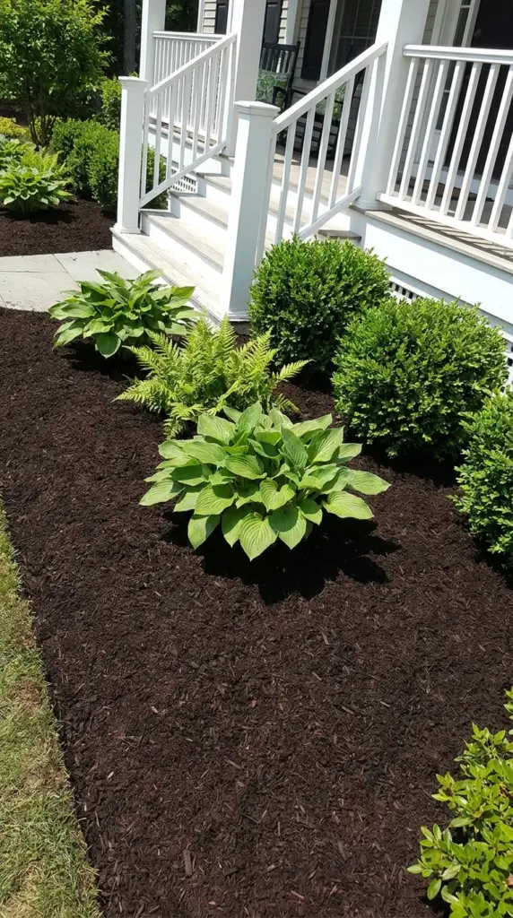 Fresh dark brown organic mulch applied evenly around green shrubs in a front yard garden.
