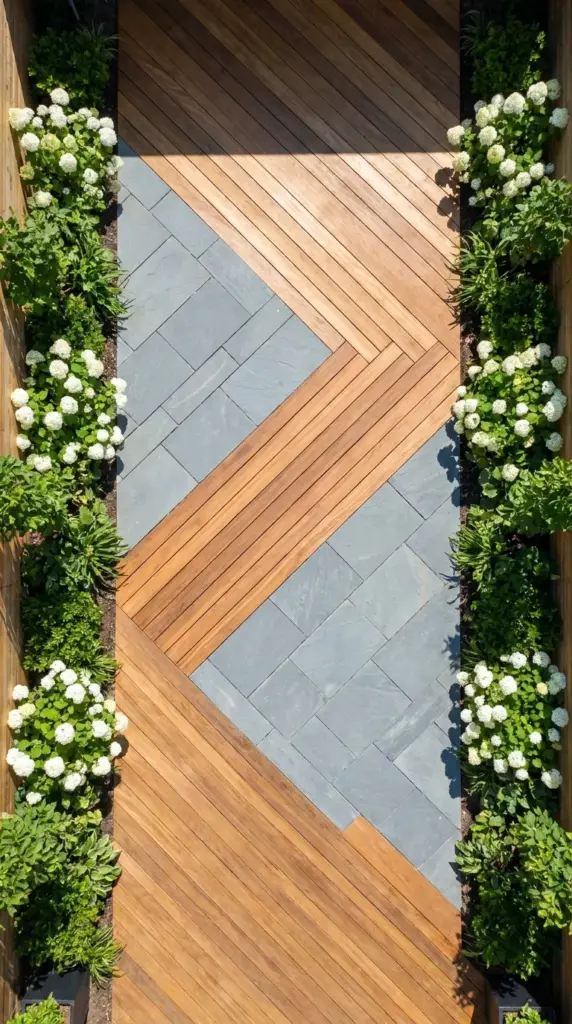 Diagonal wood decking and stone pavers used in a small yard landscaping design to visually stretch the space.
