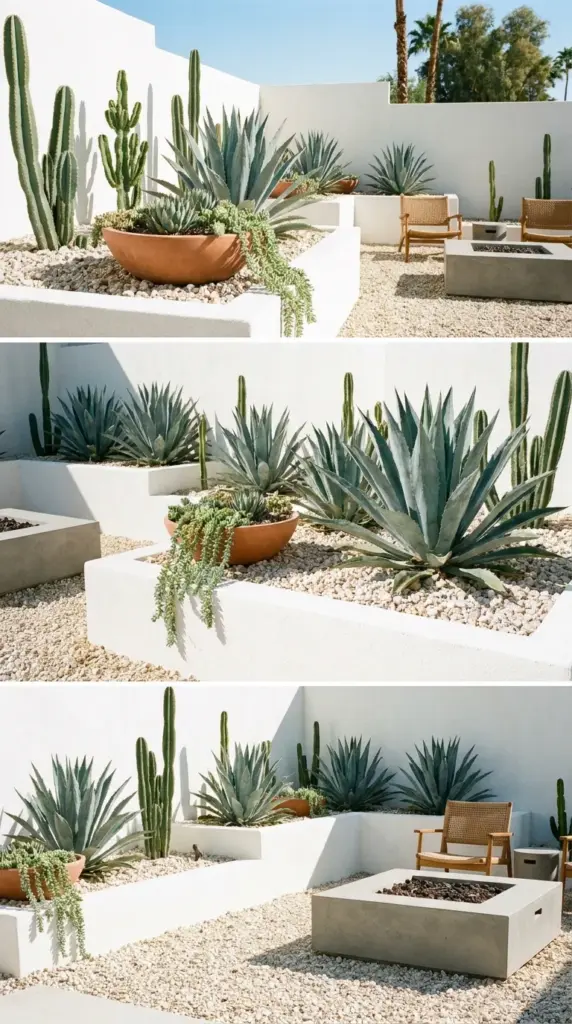 Modern desert landscaping in a small backyard with white stucco raised beds, succulents, and terracotta pots.
