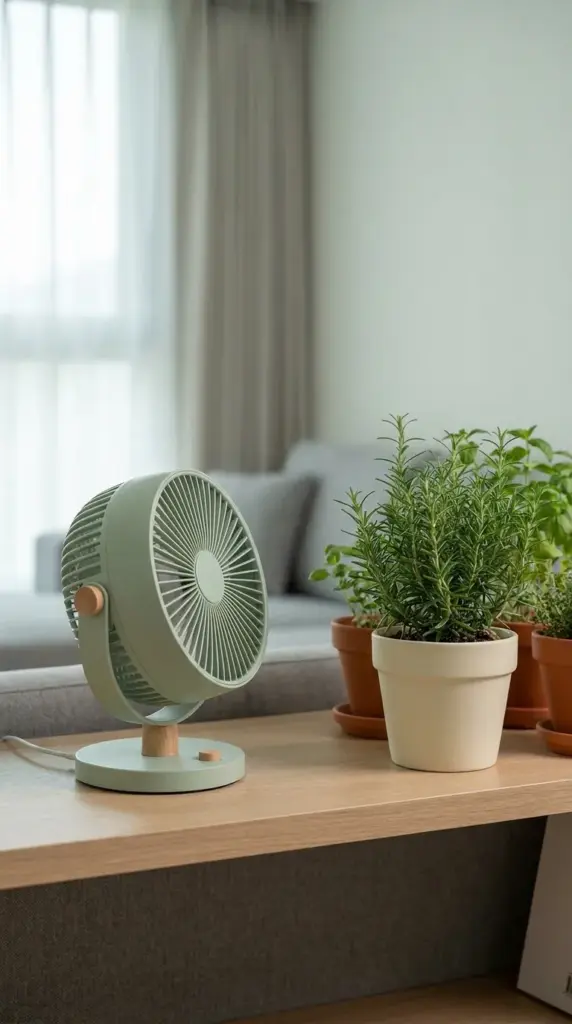 Placing a small desktop fan near indoor herbs to provide proper air circulation and prevent mildew.