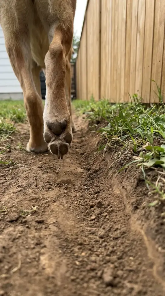Close up of dog paws walking on a worn dirt track fence line showing compacted soil.