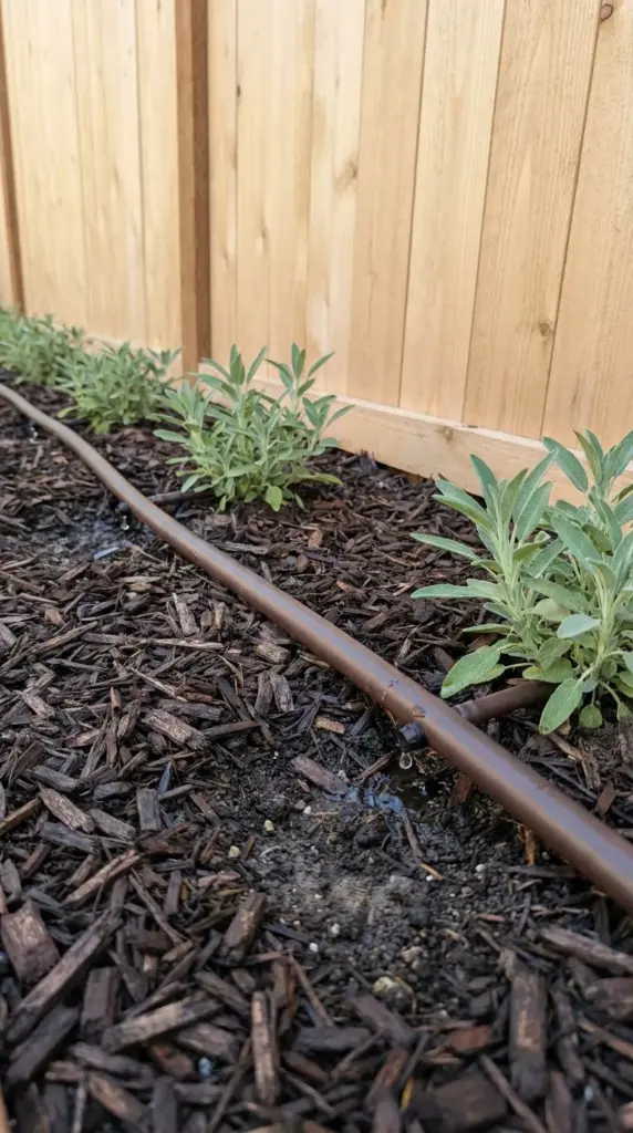 Proper drip irrigation setup in a backyard garden bed to keep water away from a wooden fence.