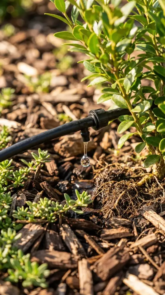 Close-up of a drip irrigation installation distributing water efficiently to native plants in a low maintenance yard.