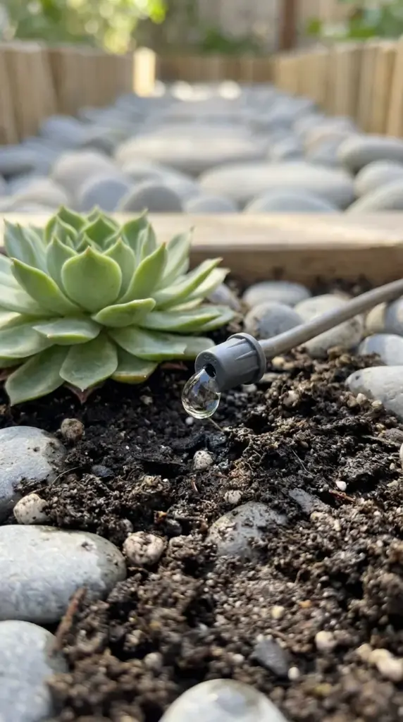 Smart drip irrigation system emitting precise water droplets onto drought-tolerant succulents.