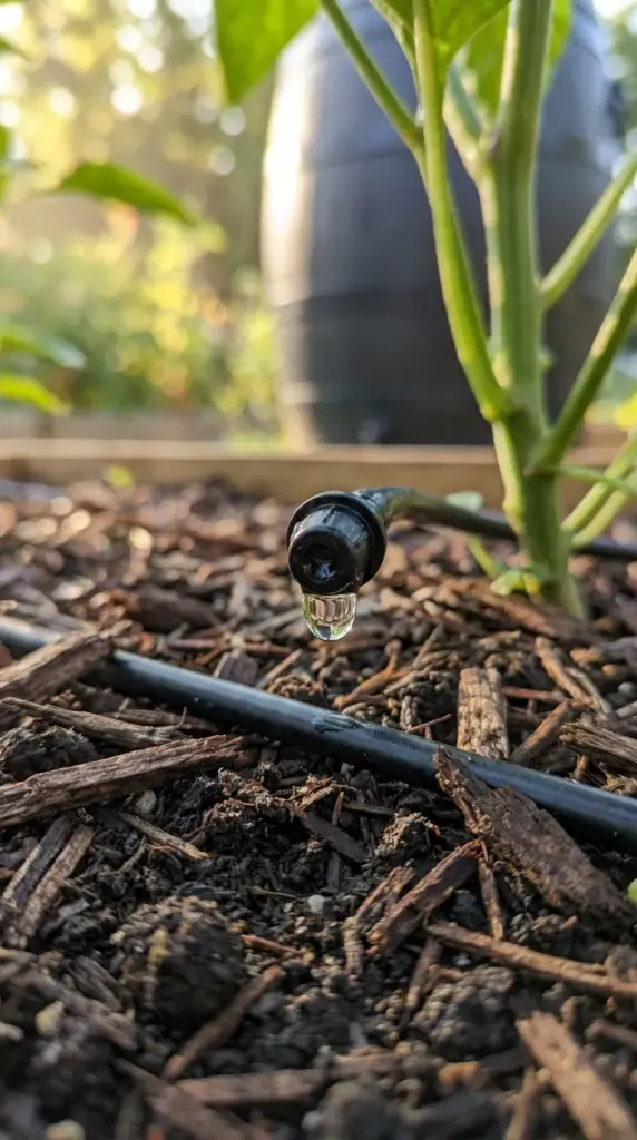 Close-up of a DIY drip irrigation emitter watering a plant at the root to conserve water in a backyard.
