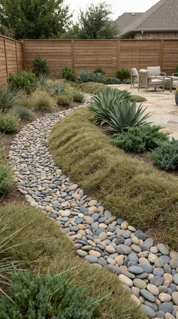 A beautiful dry creek bed used as an optical illusion grading technique for natural rainwater harvesting.