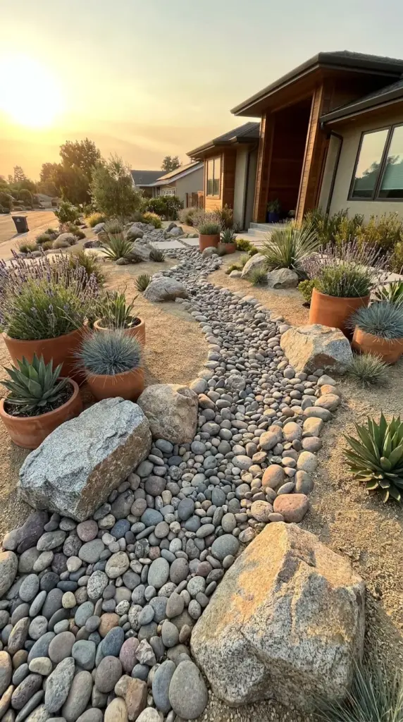 Stunning dry creek bed design with river rock and drought tolerant native plants for front yard curb appeal.