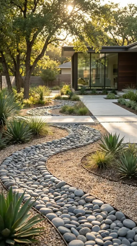 5 Unexpected Fixes for a DIY Drought Tolerant Landscape That Instantly Save Dead Curb Appeal 3 A winding dry creek bed made of river rocks and pea gravel in a low water landscape.