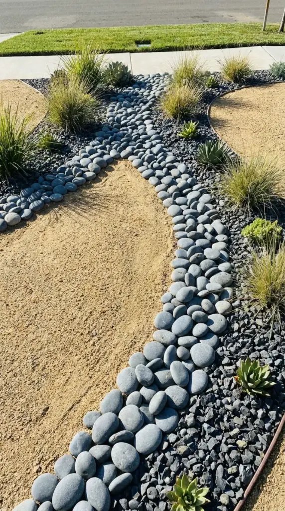 Beautifully textured rock garden design featuring fine decomposed granite, large river rock accents, and charcoal basalt chips in a modern front yard.