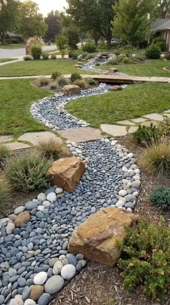 A high-impact dry creek bed diy project using multi-sized river rock for soil drainage fixes.