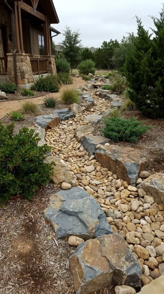 Dry creek bed landscaping layout with natural boulder placement for front yard drainage.