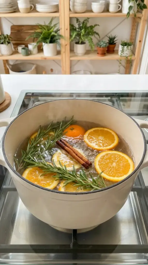 A stovetop simmer pot with fresh rosemary, orange slices, and cinnamon releasing natural home fragrance.
