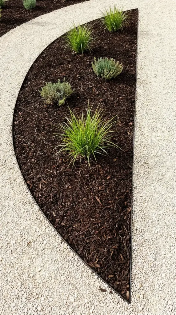 Crisp landscape edging along a dark wood chip mulch berm in a front yard.