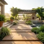 A beautifully structured backyard patio design showing floating modern pavers and a living pergola before adding outdoor furniture.